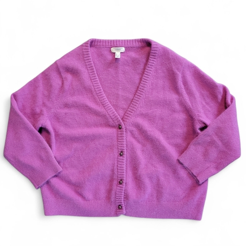 Lands End Fuchsia Pink Angora V-neck Button-up Cardigan Sweater Wmn L Preppy